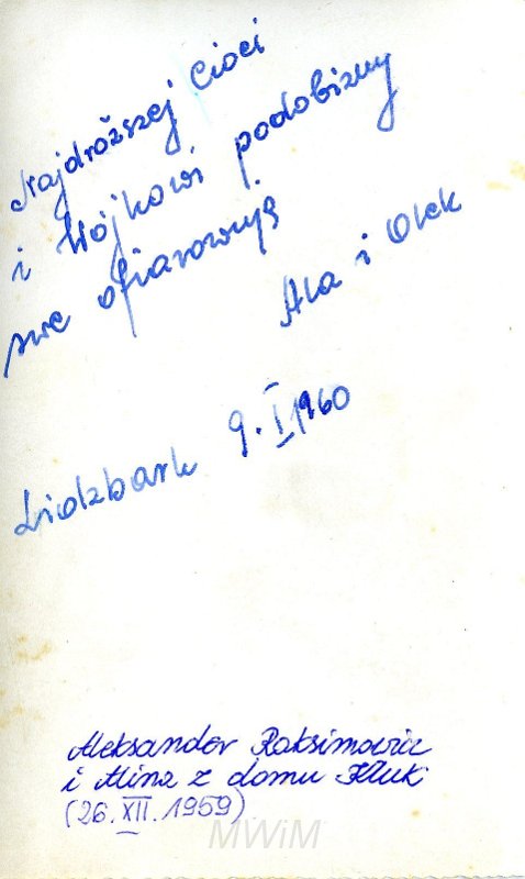 KKE 4055a.jpg - Rewers. KKE 4055. Alina (Kluk) i Aleksander Raksimowicze, Lidzbark Warmiński, 26 XII 1959 r.